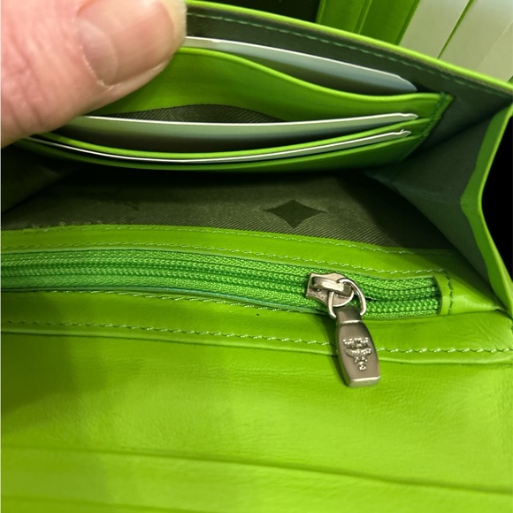 MCM Neon Green Leather Tri-Fold Wallet with Tassel - Picture 7 of 7